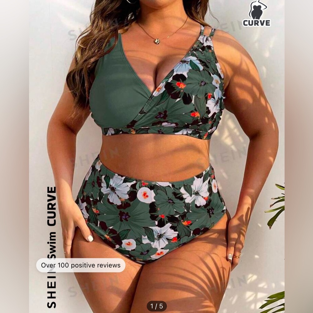 SHEIN 0XL Green Floral Bikini NWT